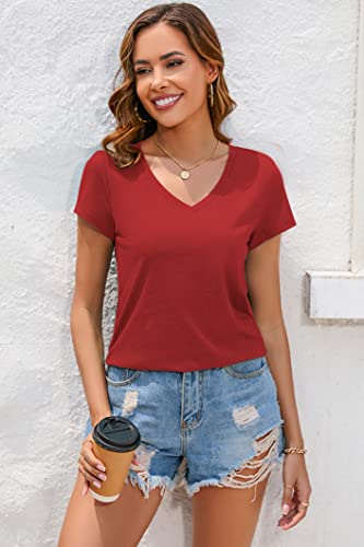 Sherosa Women's T-Shirts Cotton Blend V Neck Short Sleeve Tops Work Casual Shirts Stylish Red Xxl #TOP3