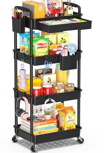 Image of SUNALLY 4 Tier Rolling Utility Cart with Drawer, Storage Organizer Cart with 2 Lockable Wheels, Multifunctional Rolling Storage Cart for Bathroom, Kitchen, Craft, Makeup, Baby Essentials, Black