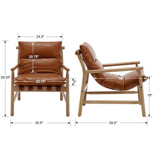 DM Furniture Faux Leather Accent Chair Mid Century Modern Living Room Chairs Comfy Arm Chair with Solid Wood Frame Upholstered Lounge Reading Chair Cozy Recliner for Guest Room/Bedroom, Brown, 7533AC - Thumbnail 2