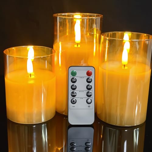 3D Wick Dancing LED Flickering Flameless Candles, Battery Operated Silver Gold Glass led Candles with Remote and Timer, 4 in, 5 in, 6 in, 3 Pack for Party,Wedding,Christams