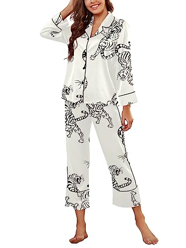 Image of Brosloth Women's Silk Satin Pajamas Pjs Sets Cute Lace Pattern Two Piece Loungewear Set Button Up Pajamas Sleepwear Black