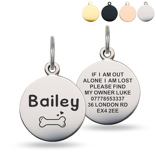 EDSG - Deep Engraved Dog Tags for Pets UK Prime, Personalised Cat Dog Name ID Tags, Stainless Steel Pet Tag for Doggy Kitten Kitty Puppy, Scratch Resistant Tag (Silver Round, L)