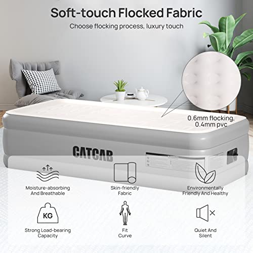 Catcab Air Mattress, Built-In Pump Air Mattress Inflatable Air Bed, 0.6Mm Super Thick Flocked Blow Up Bed Surface, 18 Inches Twin Size, Suitable Full Size Air Mattress With Built In Pumpor Camping #TOP3