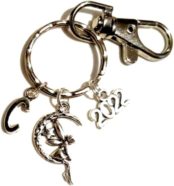 Moon Fairy Key Ring, Personalized On The Moon Keychain, Silver Charm, Crescent Keyring,Initial,Star,Fairytale Gift Bag
