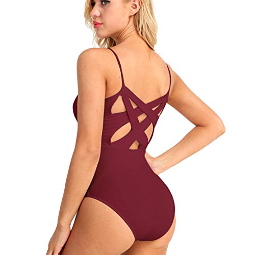 Acsuss Women's V-Neck Ballet Dance Leotard Criss Cross Back Strappy Camisole Bodysuit Burgundy X-Small #TOP2