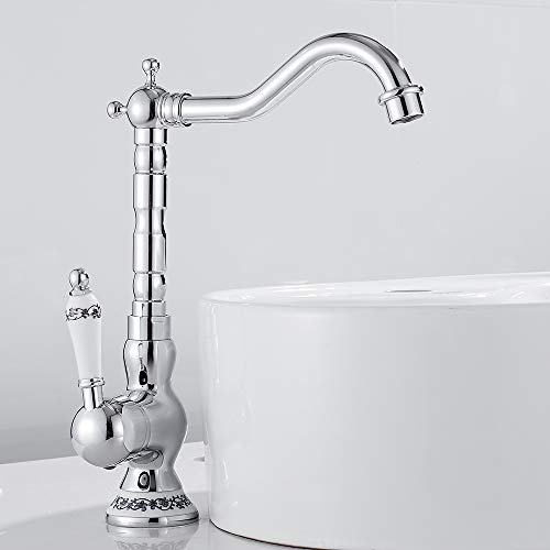 Mitigeur lavabo retro poignées en céramique pivotant à 360°, Robinet cuisine antique en laiton chromé avec bec haut, Robinet chaud et froid pour salle de bain (Chrome)
