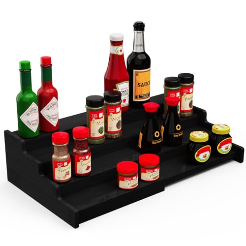 VOPOG Spice Rack Organizer for Expandable 4-Tier, Adjustable Bamboo Spice Storage for Kitchen Cabinet, Pantry and Countertop Organization, Black