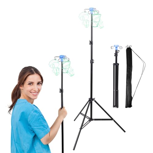 2 Pcs WONDSIGHIN Foldable IV Pole with Portable Bag, Collapsible IV Pole Stand with 3 Nets for Drip Bag, Tripod IV Pole Stand Adjustable, 4 Hooks for Nursing Clinic Home Care Travel, Stable, Black