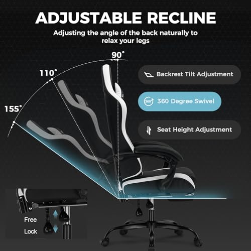 GTPLAYER Gaming Chair High Back Ergonomic Gamer Seat with Footrest and Lumbar Support Adjustable Reclining Swivel Computer Office Desk Chairs for Adults(White) - Thumbnail 7
