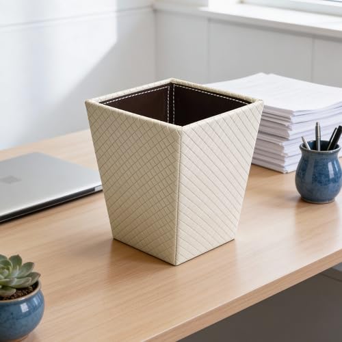 Image of Encasa XO Leather Dustbin for Home | 3 L (15x19 cm)(Small) Waste Bin for Bedroom, Washrooms, Kitchens Office, Hotel | Noise free, Floor Safe Trash Can | Textured Leather Garbage Bin - Cream