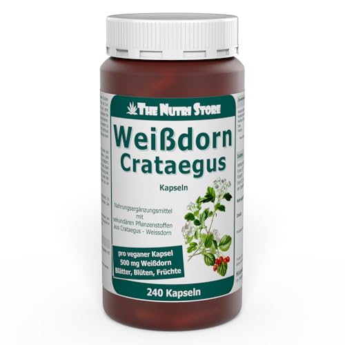 The Nutri Store Weißdorn 500 mg Kapseln 240 Stk - Hochdosiert mit Crataegus aus Blättern Blüten & Früchten - Plus Eisen & Folsäure gegen Müdigkeit - 4 Monatsvorrat - Made in Germany