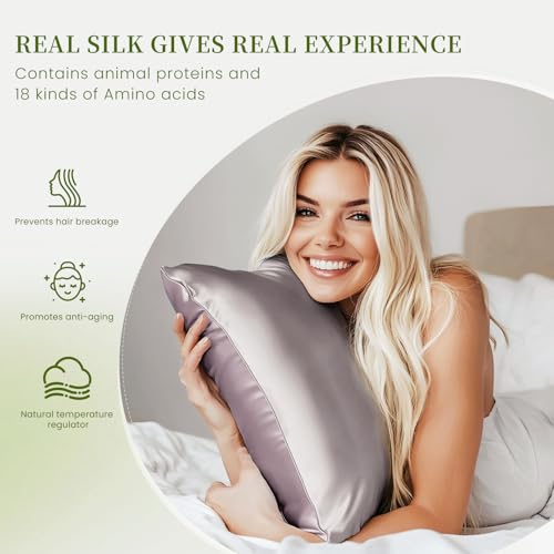 Image of THXSILK Mulberry Silk Pillowcase King Size, Set of 2 Pillowcases, Pillow Cover with Hidden Zipper, Soft Smooth Cooling Pillowcases for Hair and Skin, Gift for Women Men, Grey