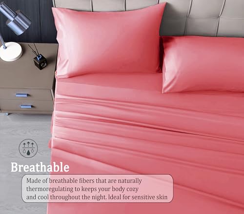 Image of RD TREND Microfiber Satin Weave Fitted Bedsheets for Queen Size Bed 78x60x10 Inch with 2 Pillow Covers-18x28 Inch | 400 TC All Around Elastic | Coral Pink