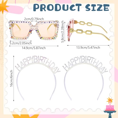 Hoteam 4 Pcs Birthday Decorations Including 2 Pcs Birthday Glasses Square Pearl Sunglasses 2 Pcs Pearl Rhinestone Birthday Headband for Women Girls Party Gifts Accessories3
