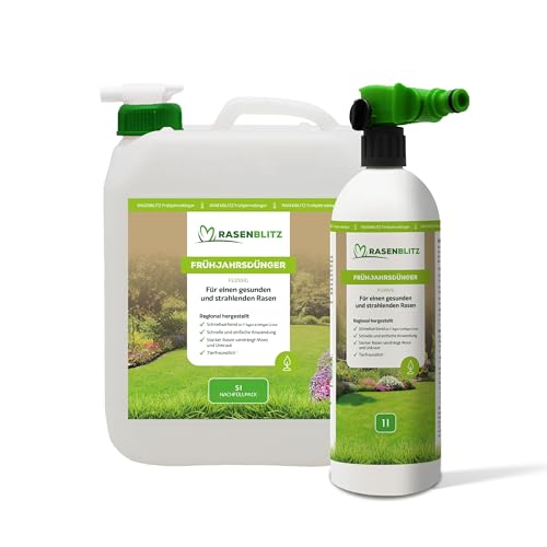 RASENBLITZ Rasendünger Frühjahr flüssig 5 L flüssiger Rasendünger für dichten sattgrünen Rasen ideal zur Ergänzung zu Rasensamen inkl. Sprühflasche Anwendung direkt am Gartenschlauch