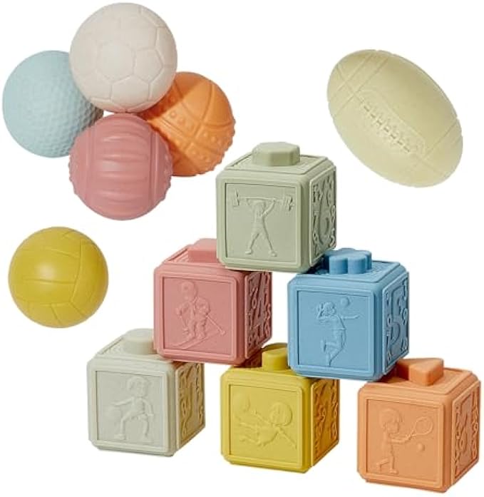 Montessori Toys Soft Stacking Building Blocks Baby Toys 6 to 12 Months, Sensory Ball Toys for Babies Toddlers 1-3 Teething Bath Sports Toys for Infants Learning Toy