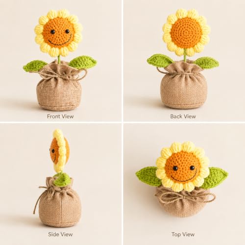 Image of Handmade Crochet Sunflower in Jute Bag 16 cm, Mini Artificial Crochet Flower Pot with Smiley Face, Cute Desk Decor for Home, Office Table, Shelf, Birthday, Friendship & Thank You Gift