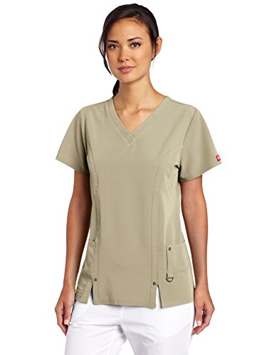 Dickies Women's Xtreme Stretch V-Neck Scrubs Shirt, Dark Khaki, Large