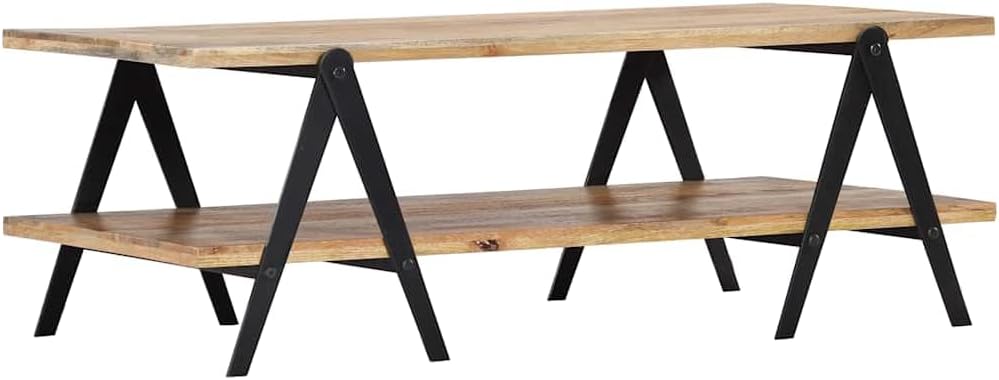 vidaXL Solid Mango Wood Coffee Table with 2 Layers, Powder-Coated Steel Legs, Polished and Lacquered - Rectangular, Industrial-Style, Brown