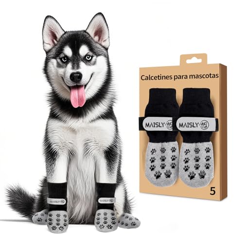 Maisly 5 piezas de calcetines para perros de doble cara con antideslizantes y correas ajustables para uso en interiores/exteriores – Protección de las patas y control de tracción en suelos de madera