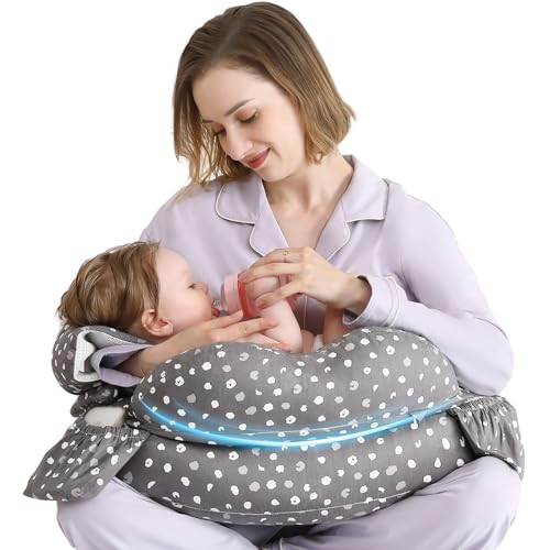 Image of MOMTORY Nursing Pillow for Breastfeeding & Bottle Feeding Pillows 15° Tilt to Prevent Spitting Milk, Arm Pillow Support for Mom and Baby, Adjustable Waist Strap Cotton Cover, Grey