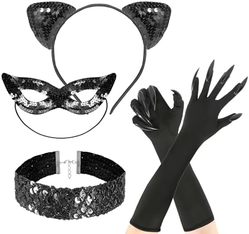 Hifot Black Cat Costume for Women Cat Ear Headband Sequins Masquerade Mask Choker Necklace Cat Claw Gloves Catwoman Costume Accessories for Women Fancy Dress