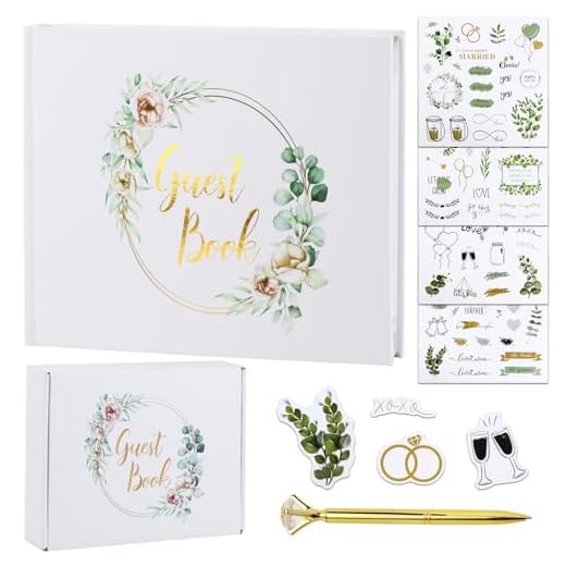 BOFUNX Libros de Visitas de Boda Libro de Firmas para los Invitados Álbum Recuerdo de Aniversarios Bodas de 120 Páginas con Bolígrafo y Pegatinas para Bodas Fiestas Cumpleaños Comunión Bautizo