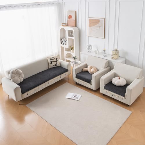 Image of HOKIPO 'Serenity Tassel' Chenille Sofa Cover 5 Seater Set with Tassels - Washable 3+1+1 Sofa Cover Mat | Midnight Graphite (IN-890 * 2 + IN-892 - DGRY)