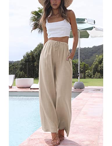 Hooever Women's Wide Leg Cotton Linen Pants High Waist Adjustable Tie Knot Lounge Trousers3