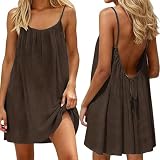 makabaky Sommerkleid Damen Midi Leinen Strandkleider Rückenfrei mit Kordelzug | Bequemes Midikleid mit Spaghettiträger für Lounge, Urlaub & Freizeit