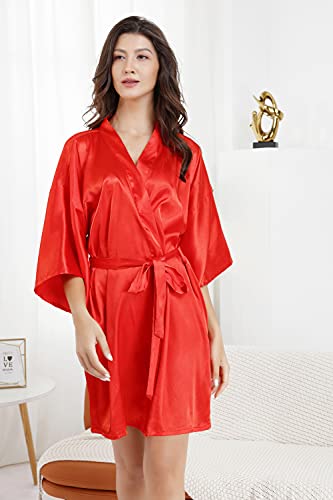 Eplaza Women Silky Satin Robe Wedding Bridal Party Bride Bridesmaid Robes Kimono Loungewear Dressing Gowns (Red, Tag Sm) #TOP2