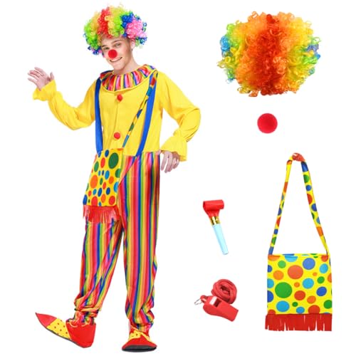 Clown-Kostüm für Erwachsene, Clown-Kostüm mit Clown-Perücke, Nase, Tasche, Pfeifen und Trompeten, Clown-Kleidung, Zubehör für Zirkus-Clown für Herren Damen Karneval Halloween Party Cosplay