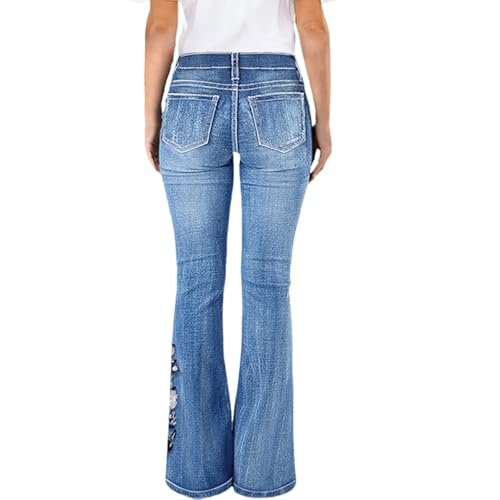 Plus Size Women Jeans Embroidered Denim Flared Hem Floral Embroidery Mid Waist High Stretch Jeans with Pockets2