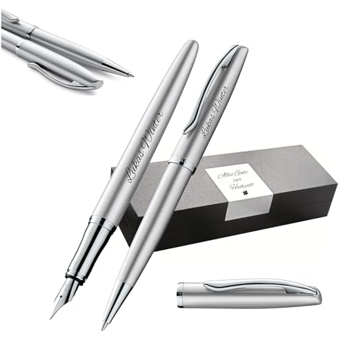 Pelikan Schreibset Jazz® Noble Elegance K/P36 Kugelschreiber und Füllhalter mit Gravur Geschenk - einzigartige Stifte mit Namen - personalisierte Geschenke (Silber)