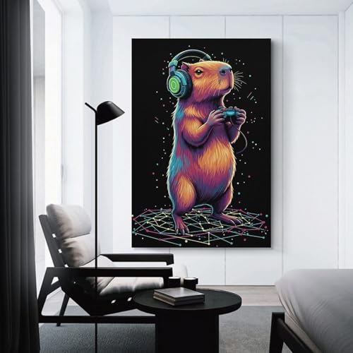 Capybara Gamer with Headphones Toiles Imprimées sinyumoney 50x75cm