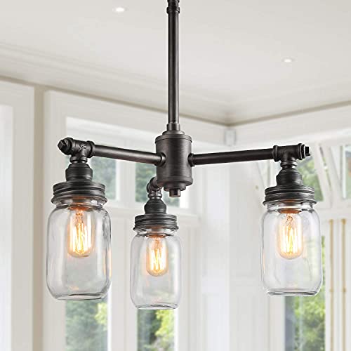 LNC Farmhouse Chandelier, Mason Jar Lights, 16.9" Dining Room Pendant in Brushed Dark Metal for Kitchen Island
