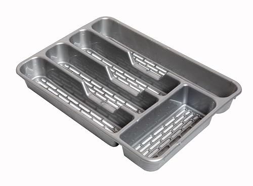 Cubertero para cajón con 4 o 5 compartimentos con agujeros LIBRE BPA, organizador cubiertos con compartimentos apto lavavajillas, separadores de cajones para cocina 32cm (Gris, 5compartimentos)