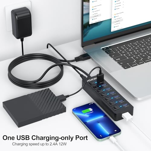 Image of Powered USB Hub 3.0, 5Gbps Data Transfer 7 Ports and 12W Charging-only 1 Port with 5V /3A Power Adapter 4Ft Long Cable & Individual Switches for Laptop PC Flash Drive External SSD HDD Keyboard Mouse