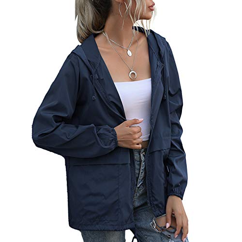PESION Women's Waterproof Raincoat Lightweight Rain Jacket Hooded Windbreaker with Pocket for Outdoor X-Large Navy Blue
