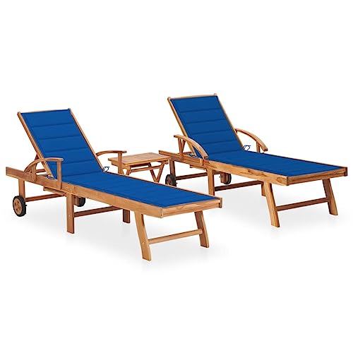 SKM Tumbonas con Mesa y cojín 2 Unidades Madera Maciza de Teca,Mobiliario,Muebles de jardín,Asientos de Exterior,Tumbonas,Azul,44.17 kg,3073181
