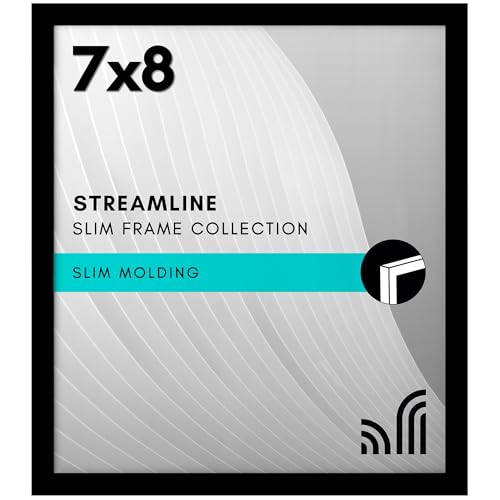 Americanflat 7x8 Picture Frame with Shatter-Resistant Glass - Streamline Collection - Thin Border Photo Frame for Tabletop and Wall Display - Hanging Hardware and Easel Stand Included - Black