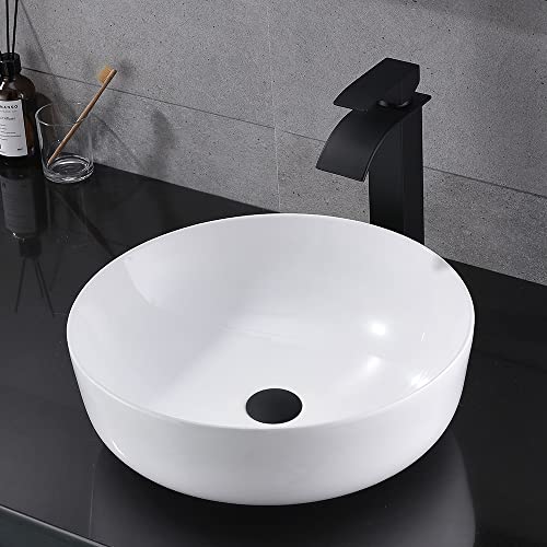 Round White Vessel Sink And Faucet Combo- Wesliv 16"X16" Above Counter White Porcelain Ceramic Vessel Vanity Sink Art Basin With Black Faucet And Pop-Up Drain Combo #TOP5