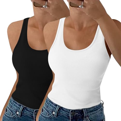 Aottori Tank Top Damen Ärmellos Rundhals Basic Shirt Gerippt Sexy Obertiele Baumwolle Sommer Weste Ribbed Tops Schwarz+Weiß S