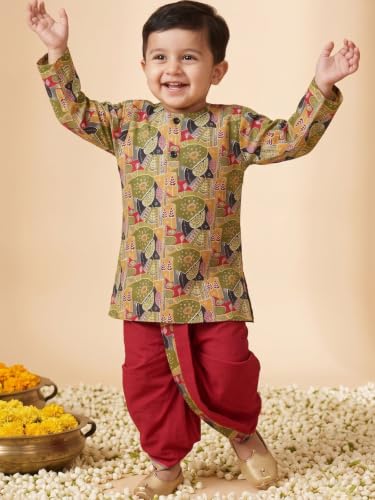 Image of AJ DEZINES Kids Cotton Printed Dhoti Kurta Set For Boys | Fashionable Bandhani Print Kurta | Stylish Boys Kurta Set | Perfect For Festivals Wedding & Family Function Wear