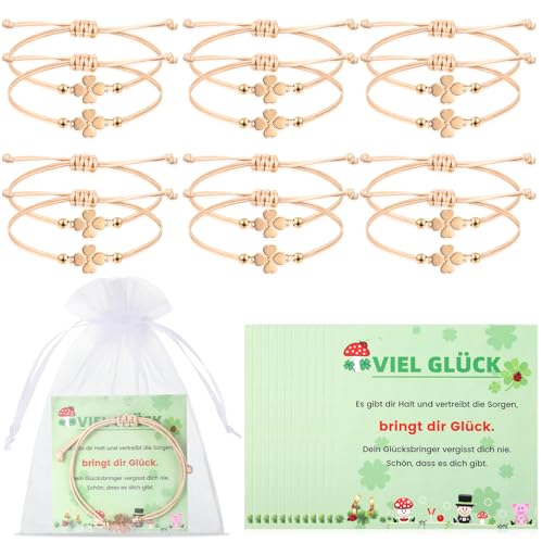 Kasyat 12 Sets Bracciale Portafortuna con Trifoglio Bracciale Fortunato con Cartoncino e Sacchetto in Organza per Donne Bracciale Trifoglio Regolabile Bracciale dell'Amicizia per Compleanno Natale