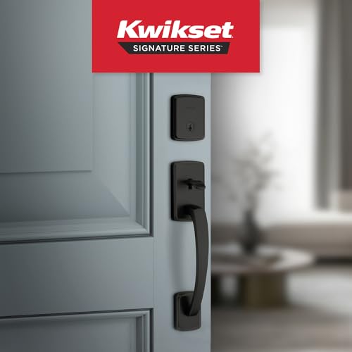 Image of Kwikset Brentford Front Door Lock Handle and Deadbolt Set, Entry Handleset Exterior with Sedona Reversible Lever, Matte Black, Pick Resistant SmartKey Rekey Deadbolt Security, with Microban Protection
