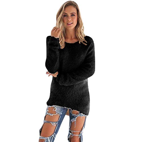Pullover Largo Mujer Otoño Invierno Elegante Manga Larga Cuello Redondo Color Sólido Termica Camisas Anchos Casuales Suave Sudaderas Tops (Color : Schwarz, Size : SG) Cover