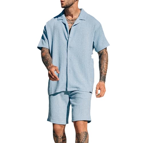 XuanXmy män gata hipster sport tvådelat set sommarmode löst kortärmad skjorta & shorts 2-delat set, blå, XXL