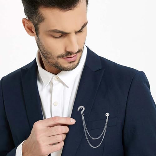 Image of 2PCS Crystal Hanging Chain Brooch Suit Pin for Men Women Vintage Crown Cross Star Diamond Broochs Gold and Silver Wedding Brooch for Clothes Dress Hats Bags Accessory