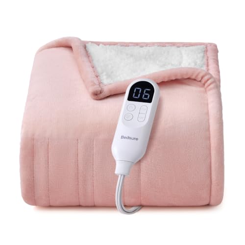 Image of Bedsure Heated Blanket Throw, Electric Blanket with Preheat, Light Pink